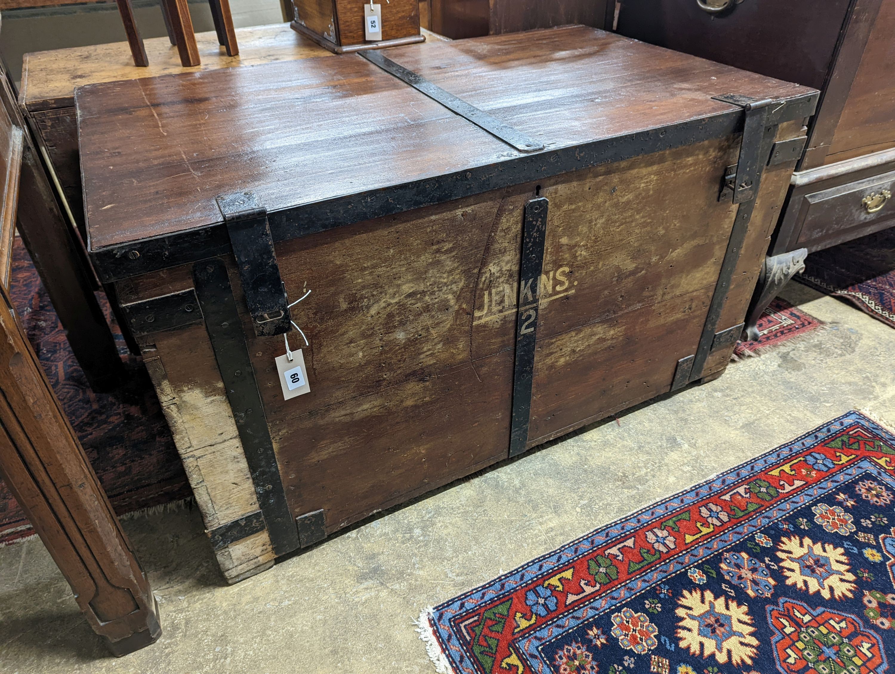 A Victorian iron bound teak trunk with zinc lined interior, width 110cm, depth 67cm, height 61cm